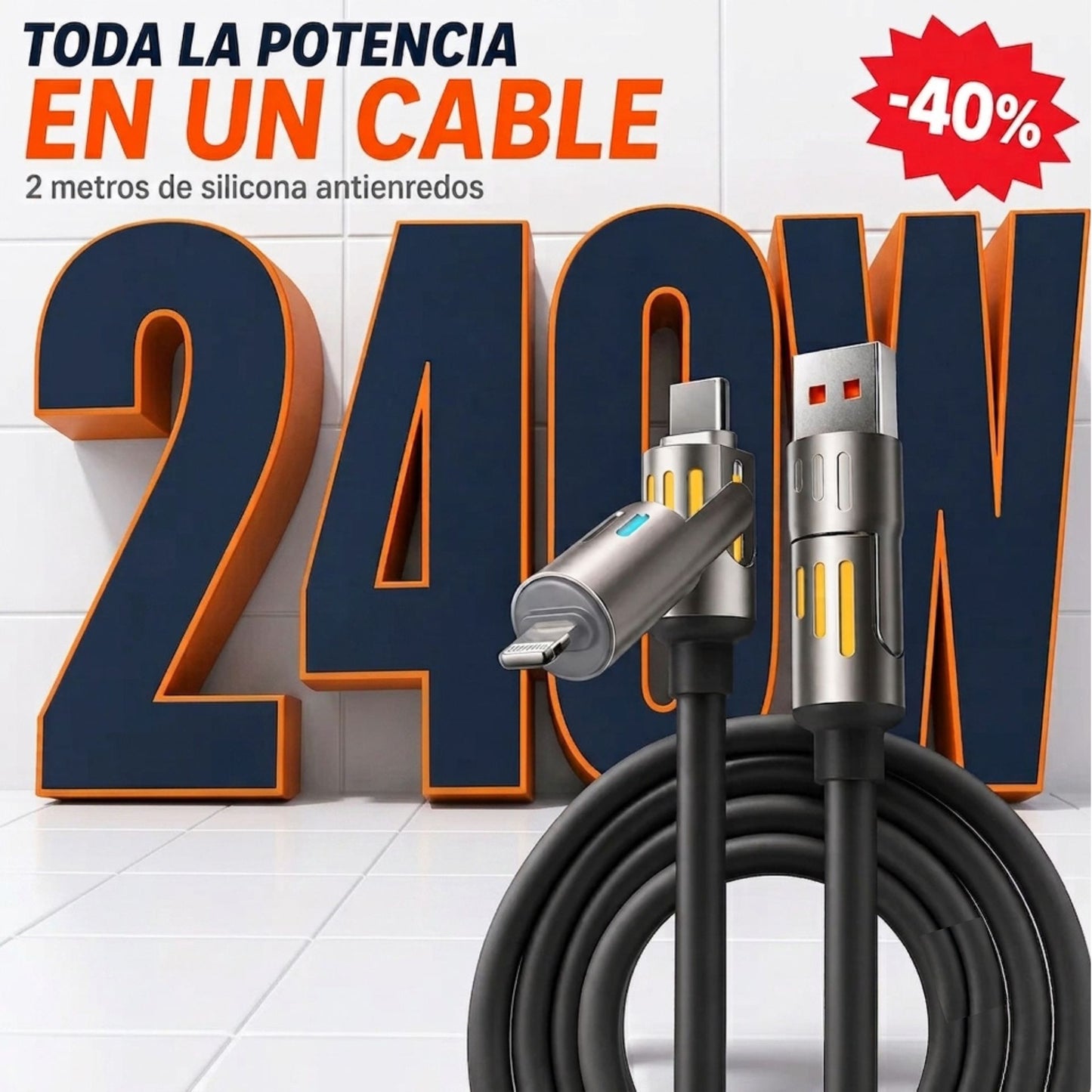 Cable USB 4 en 1 · Carga Súper Rápida 240W · 2 Metros de Silicona