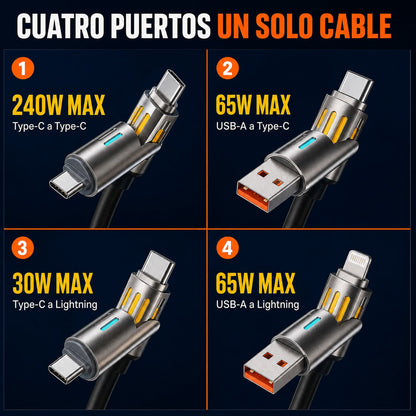Cable USB 4 en 1 · Carga Súper Rápida 240W · 2 Metros de Silicona