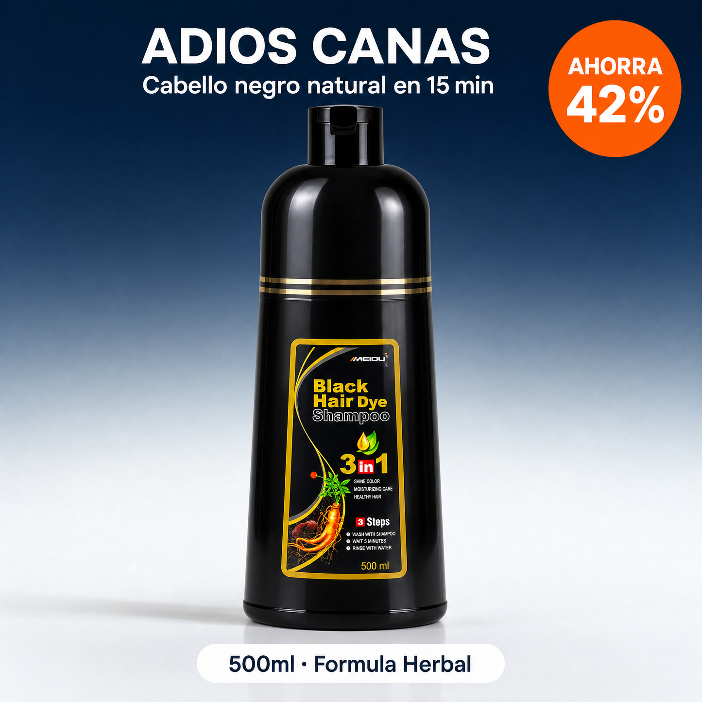 Shampoo Herbal Cubre Canas 3 en 1 · Tinte Negro Natural en 15 Minutos · 500 ml