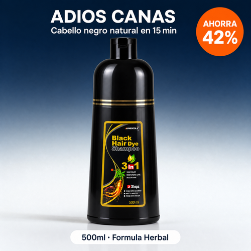Shampoo Herbal Cubre Canas 3 en 1 · Tinte Negro Natural en 15 Minutos · 500 ml