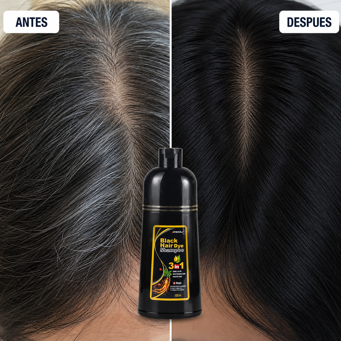 Shampoo Herbal Cubre Canas 3 en 1 · Tinte Negro Natural en 15 Minutos · 500 ml