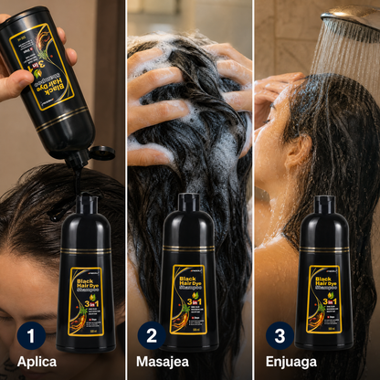 Shampoo Herbal Cubre Canas 3 en 1 · Tinte Negro Natural en 15 Minutos · 500 ml
