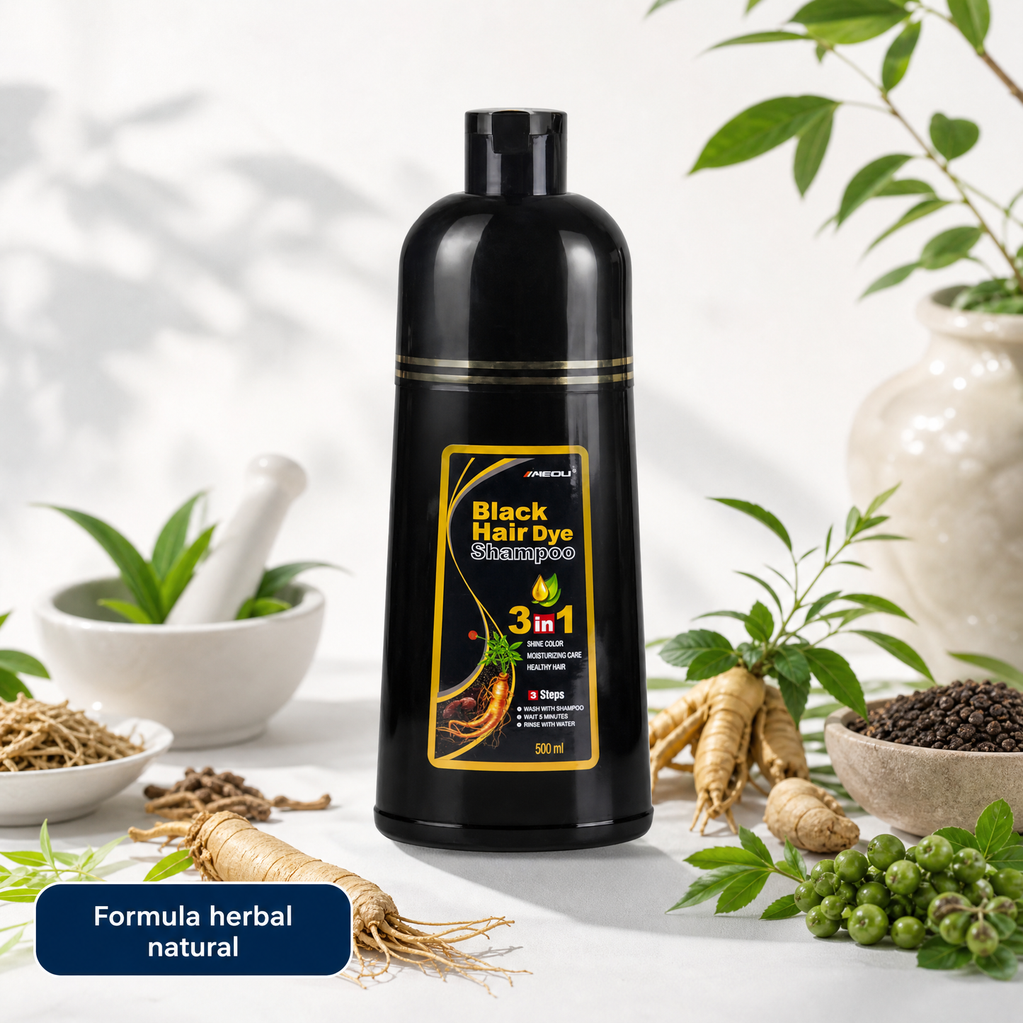 Shampoo Herbal Cubre Canas 3 en 1 · Tinte Negro Natural en 15 Minutos · 500 ml
