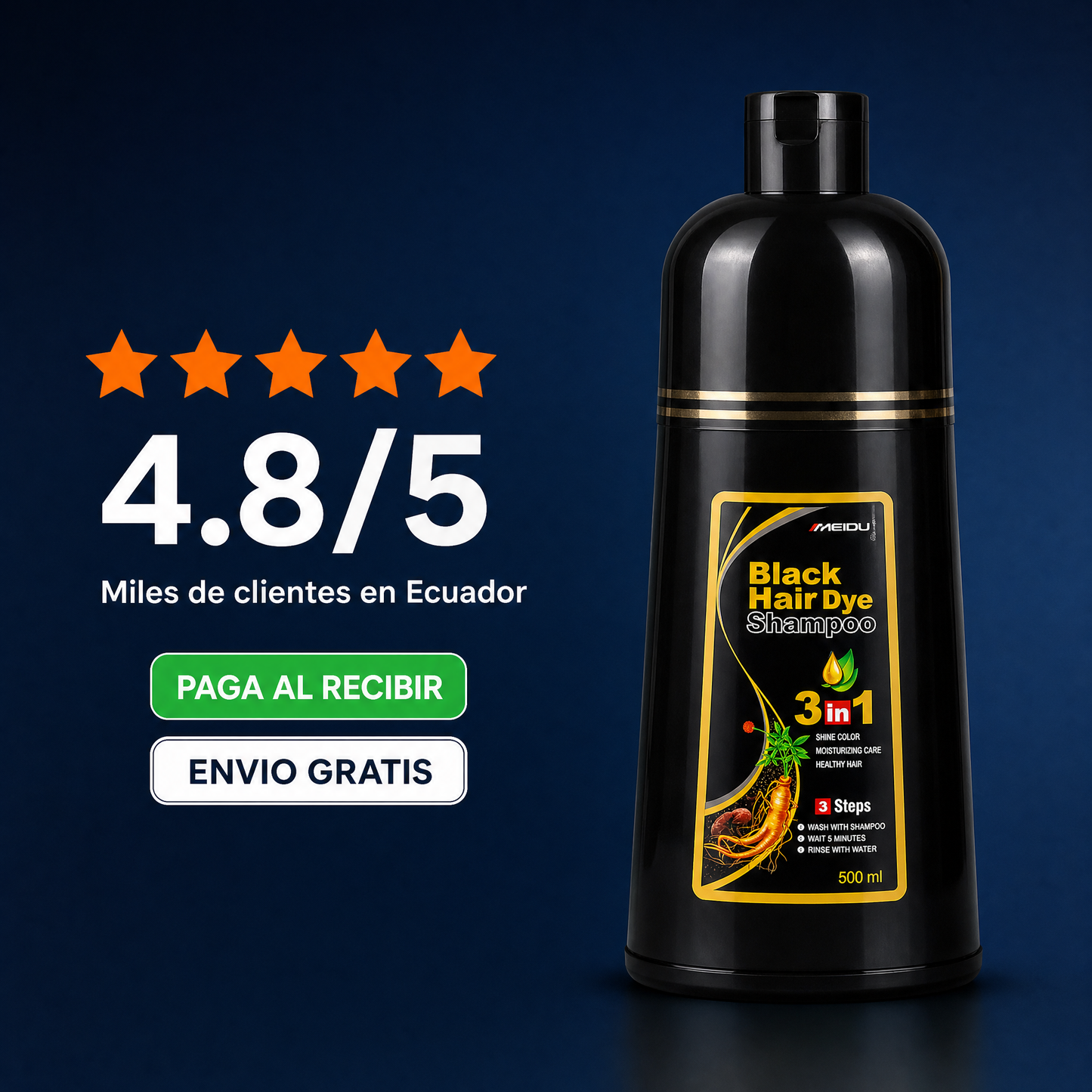 Shampoo Herbal Cubre Canas 3 en 1 · Tinte Negro Natural en 15 Minutos · 500 ml