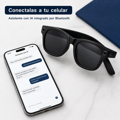 Gafas Inteligentes con Cámara IA · Foto, Video, Llamadas y Traducción · Bluetooth