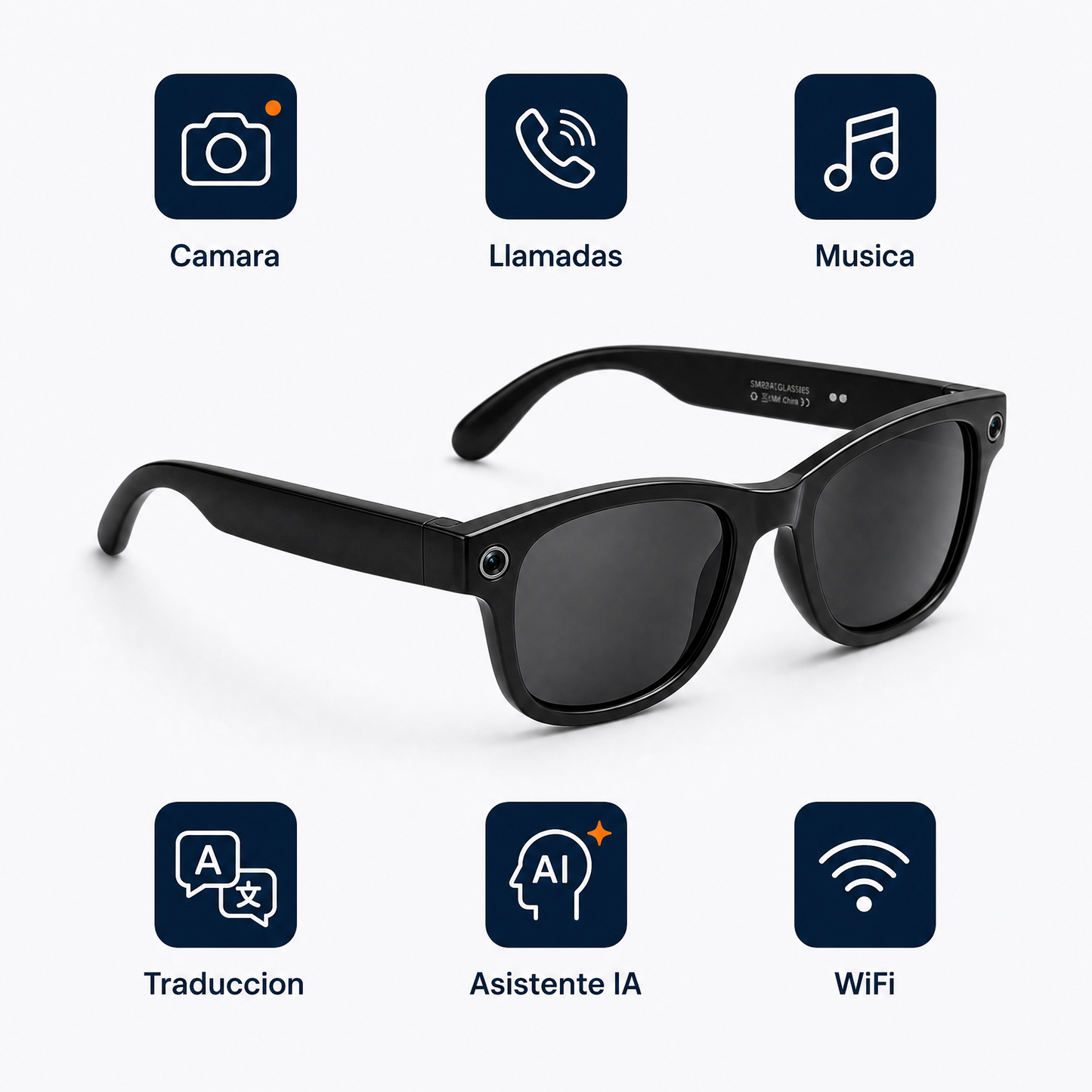 Gafas Inteligentes con Cámara IA · Foto, Video, Llamadas y Traducción · Bluetooth