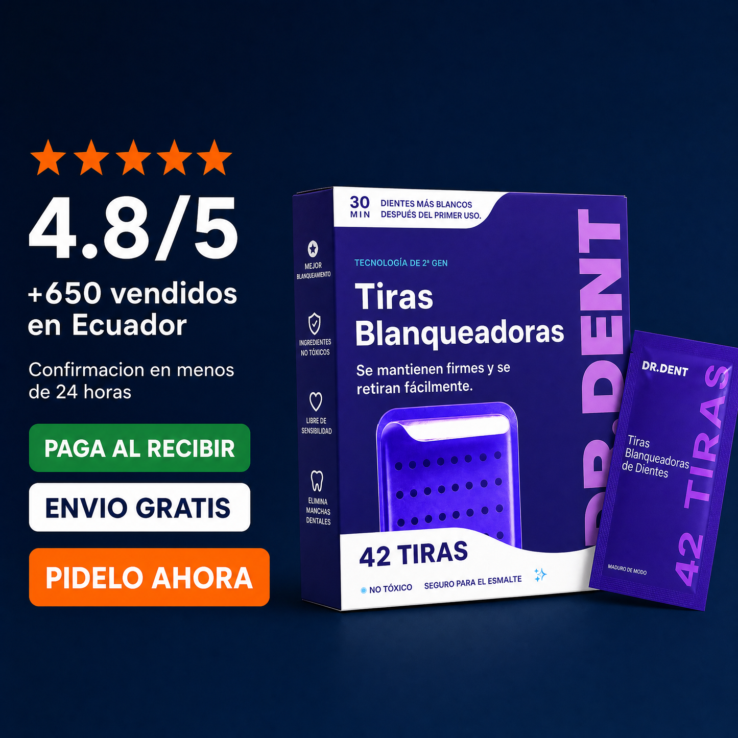 Tiras Blanqueadoras Advanced BrightSmile · Tecnología Morada